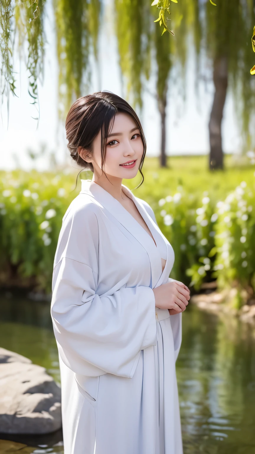 A beautiful adult woman like a white chrysanthemum stares at me with a quiet smile. She is dressed in a charming white robe. She stands gracefully under a willow tree with a stream flowing quietly behind her. The background is blurred.