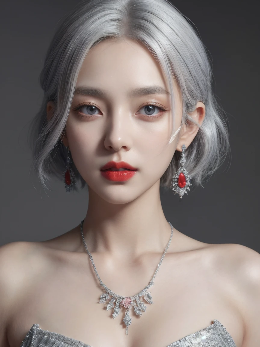 very cool,One person,jewelry,Multicolored Hair,Silver Hair,Gray Hair,alone,necklace,short hair,Upper Body,Earrings,Red lips,avert your eyes,Exposing shoulders,Look to the side,compensate,lipstick,, Highest quality , masterpiece, figure, Very delicate and beautiful, Very detailed ,CG,Unity,8k wallpaper, wonderful, In detail, masterpiece, Highest quality,Official Art,Very detailed CG Unity 8k wallpaper,Absurd, incredibly Absurd, Large file size , Very detailed, High resolution, Very detailed,Beautiful detailed, Very detailed eyes and face, Beautiful attention to detail,Light on the face,