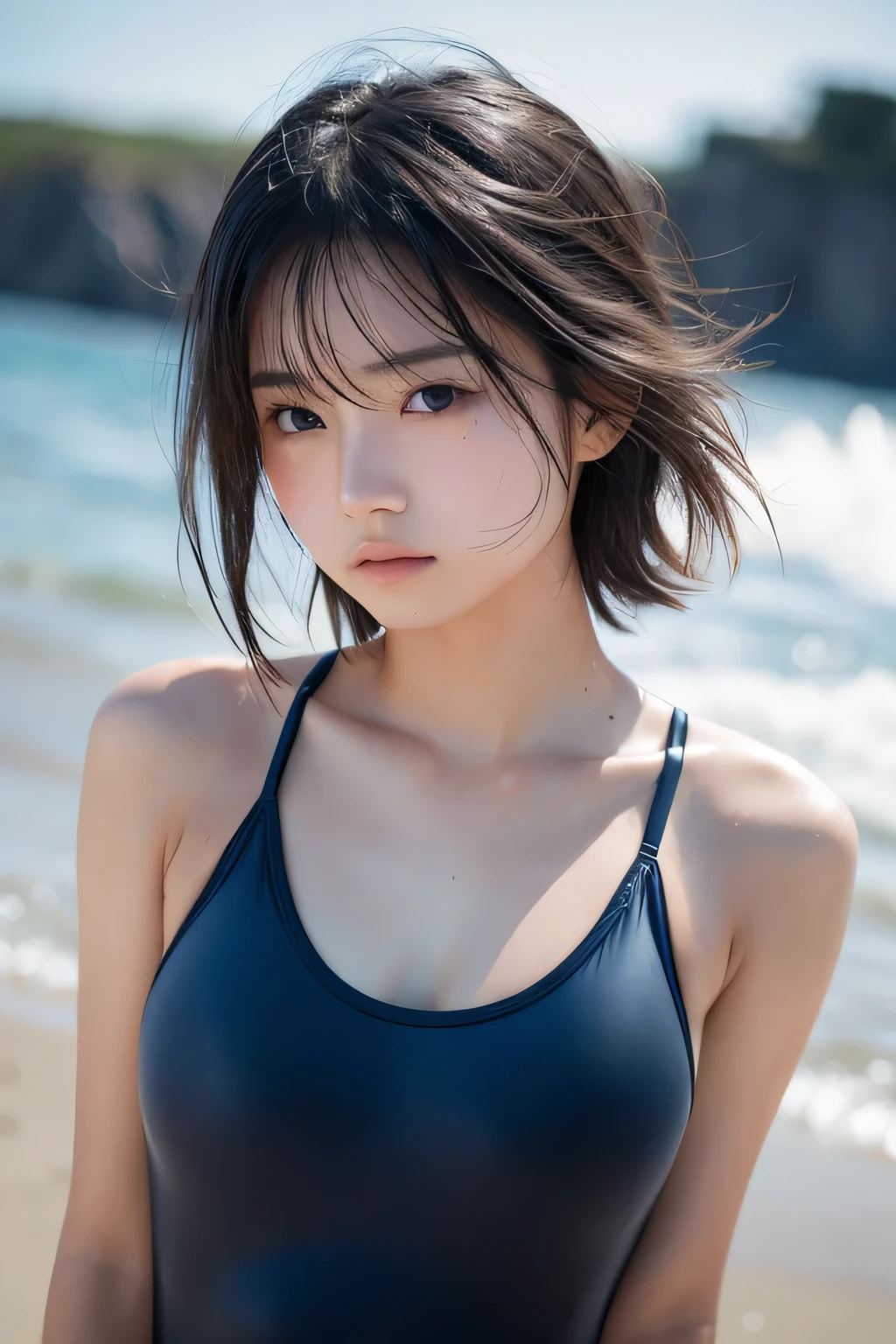 Hair blowing in the wind、Sweaty skin、Sweaty hair、Wet clothes、Coast at dusk,A cute girl with a face like a Japanese idol, Short Hair, Skinny body、athlete、(Cinema Lighting),(Natural light),(High level of artistry),(artistic),(Indistinguishable quality from the real thing),{{RAW Photos}},{{Genuine}},High resolution,masterpiece, beautiful, Handsome Tomboy, Looks like a salon model, Cool face,  (nsfw),、Puzzled、shame、sleepy、(Spoiled:1.4), Cowboy Shot、Wet, tight one-piece swimsuit、Swimwear that sticks to the body,　Sexy model posing、