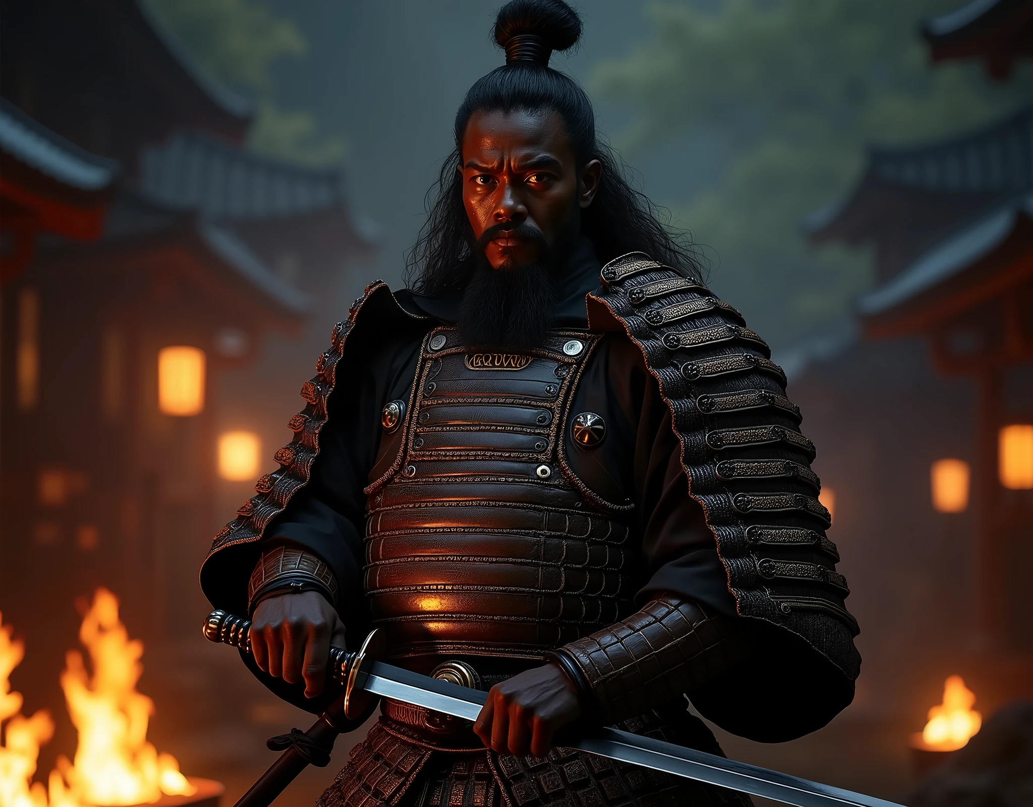 Azuchi-Momoyama period、Yasuke became a vassal of Oda Nobunaga、A tall black man、It is believed to have been given to them by Portuguese missionaries.、During the Honnoji Incident、He was entrusted with Nobunaga's head.、After that, I don't know where to go、1 black man, wearing traditional armor and helmet, holding a katana sword. The samurai stands in a battle-ready pose, with a determined expression、night ((Anatomically correct,Surrealism, uhd, retina, accurate, anatomically correct, textured skin, super detail, high details, best quality, 8k))