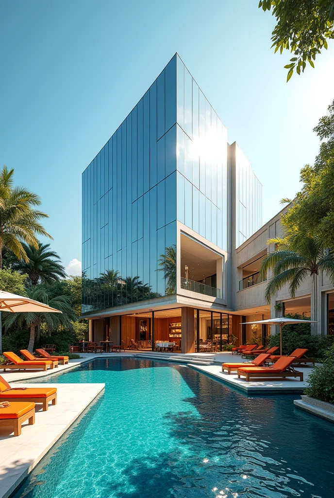 A rectangular club building with dimensions of 40 meters in width, 30 meters in length, and 15 meters in height. Modern style. Connected to a pool party area. Realistic and intricate details. Bright and vibrant atmosphere. On the left side, there is an annex building, approximately 6 meters in height, 30 meters in length, and 6 meters in width, connected to the club building.