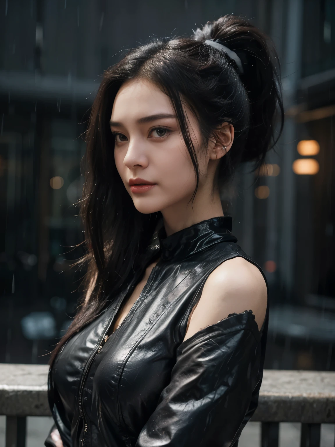 beautiful, Very Attractive Slim Woman, Burst Large,sexy,black long ponytail hair, Low-Cut Catwoman Uniform with Silver Lace, Depressing Rainy GOTHAM City Background