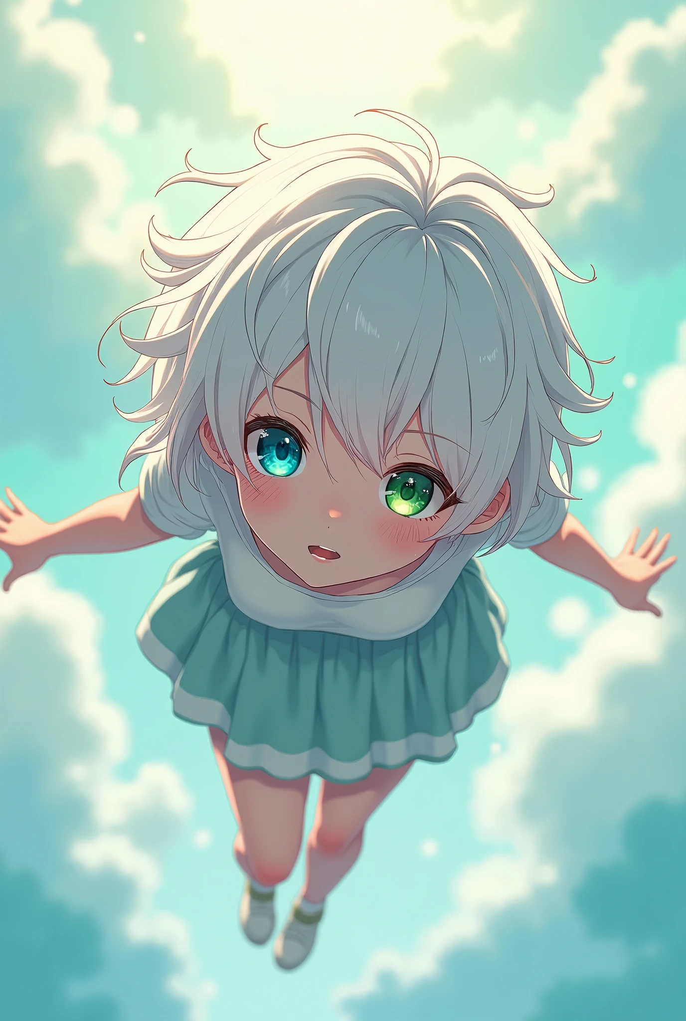 anime style, adult woman, with the right eye blue and the left eye green, short white hair.
The woman is in a floating position.. The figure is in a hunched pose, with legs bent towards the torso and arms slightly extended, as if it were falling.
The figure's hair is short and messy, with some loose strands that seem to float around the head, which suggests movement