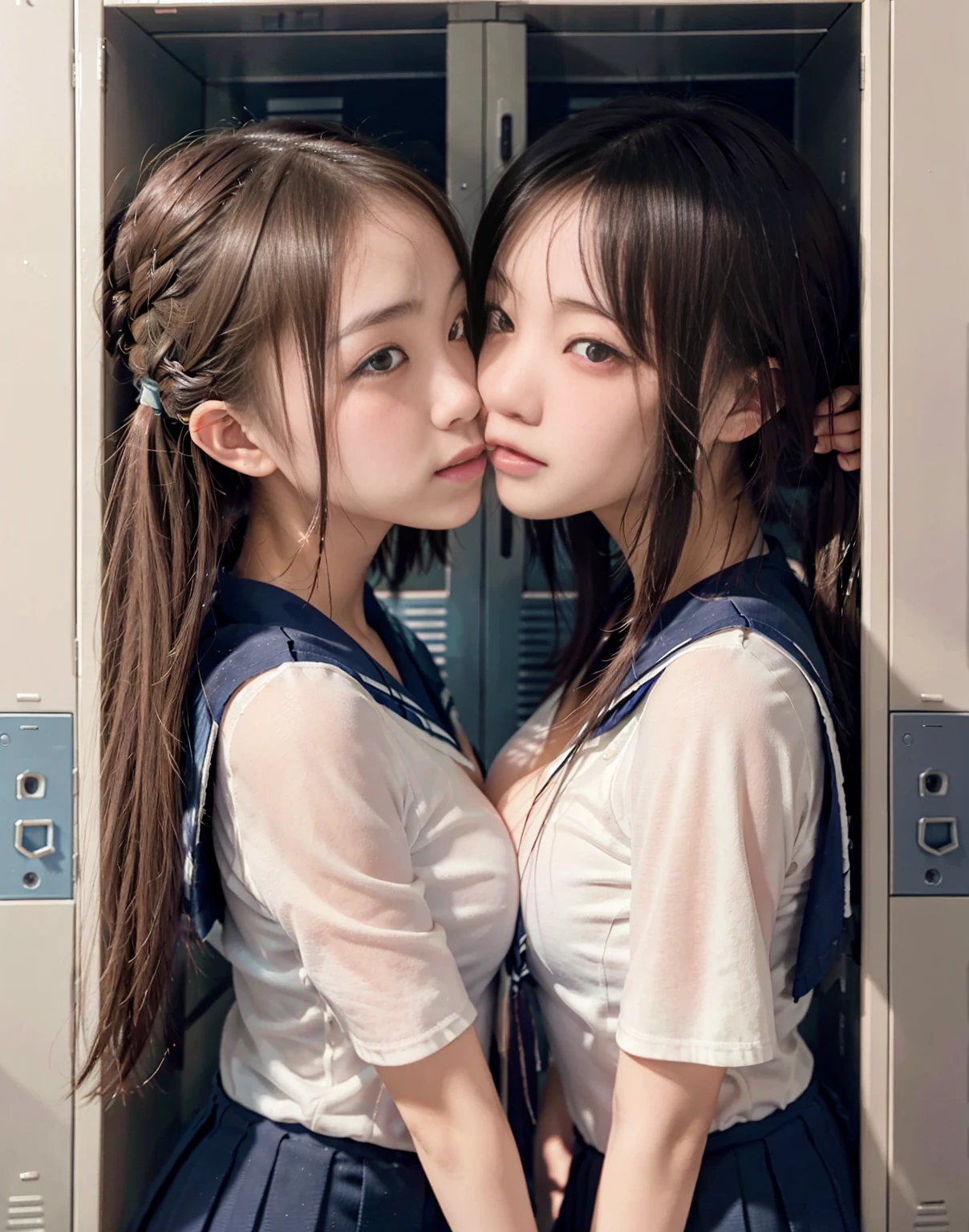 8k,masterpiece,Japanese,best quality, (schoolgirls:1.4), (kissing:1.5), (crowded locker:1.5), reluctantly, (blush:1.3), (breasts:1.2)