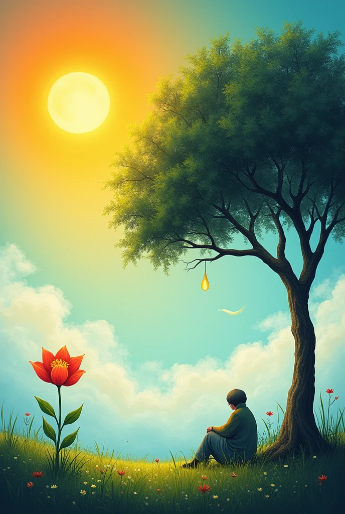 1. **Happiness**: Draw a bright, shining sun in a clear sky. Below, add a single blooming flower with a few simple leaves. Use warm and vibrant colors like yellow, orange, and green.
2. **Sadness**: Next to the flower, draw a small cloud with a single teardrop falling from it. Use soft blue tones for the cloud and the teardrop.
3. **Loneliness**: On the other side of the flower, draw a small figure sitting under a tree, facing away. The figure should be simple, like a silhouette. The tree can have gentle, flowing branches, and you can use muted colors like gray or dark green.
