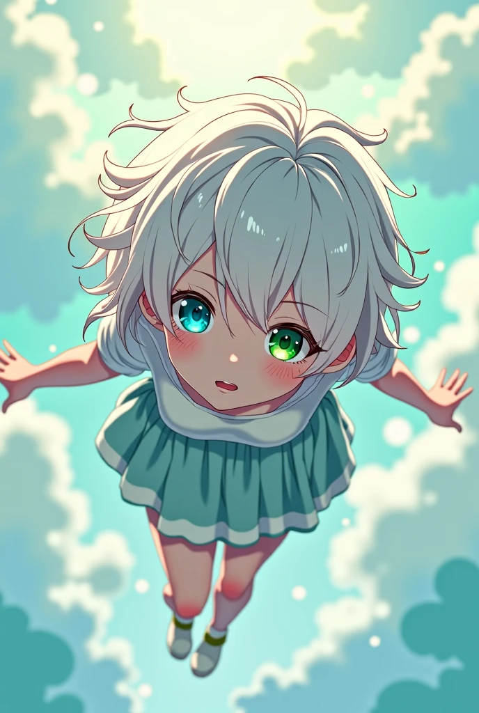 anime style, young adult woman, with the right eye blue and the left eye green, short white hair.
The woman is in a floating position.. The figure is in a hunched pose, with legs bent towards the torso and arms slightly extended, as if it were falling.
The figure's hair is short and messy, with some loose strands that seem to float around the head, which suggests movement