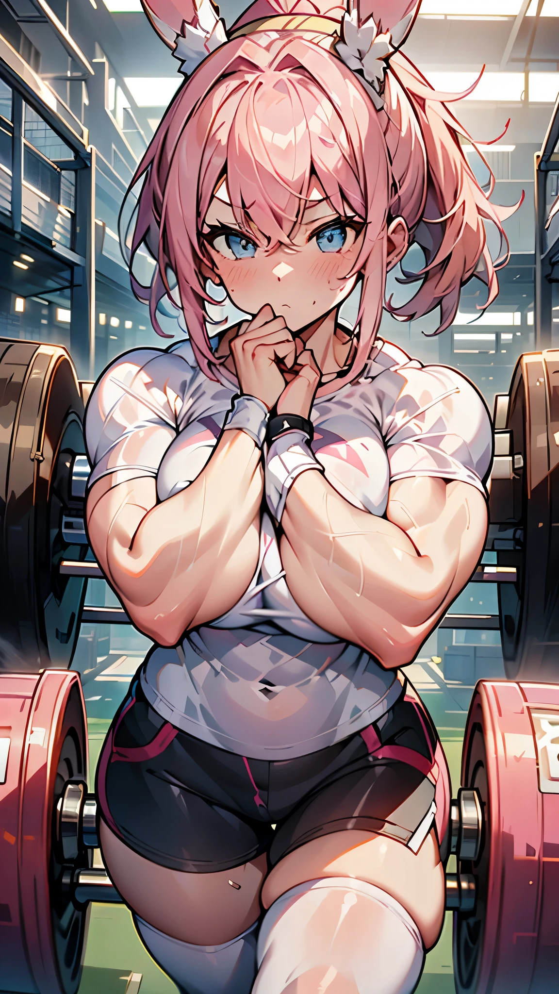 Young woman, rabbit ears, Blue eyes, pink hair, pulled back into a ponytail, White shorts, oversized pink t-shirt, sports, Muscles, a pumped-up body, в sports зале, against a barbell, covered chest, rod, emphasis on the face, quality face, Beautiful face, HD,