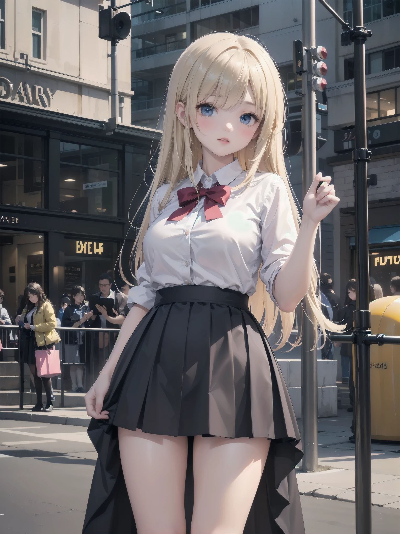 Highly detailed CG Unity 8k wallpaper, best quality, highly detailed, masterpiece, Highly detailed cute girl, 18 years old, (((lifting skirt by herself))), (lifting by herself), dynamic angles, sexy pose, blush, lips apart, looking at the audience , half body shot, (crowd), (crowded big city)), hair over one eye, immaculate beauty, upscale, less revealing clothing