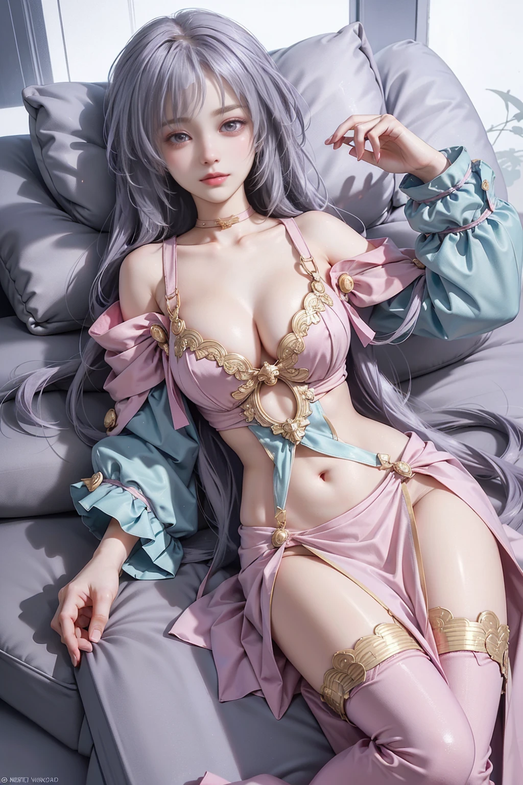 Plutia((Girl lying in bed))、A beautiful and moving woman, in an elegant pose, her full breasts on display.,Visible cleavage,Sexy long legs,Variety of slim and cute beauties, Her long hair cascades down her shoulders like a waterfall。She smiles radiantly,Eyes sparkle,Her skin is flawless。Her curves are highlighted。Sparkle in the light,The colors are soft,Perhaps in shades of light pink or lavender。She lay confidently,One hand on hip,Her posture is both graceful and strong。She wears elegant high heels,Goes well with her outfit。In the warm golden sun。The overall atmosphere of the image is tranquil and uplifting,Emphasizing natural beauty and elegance, Studio Lighting,Bright colors, Sweet maiden, sweet smile, make up,shy,Blush,Parted lips,Heavy breathing,moan,Surrealism,Realism,Movie Lighting,Relief,Sony FE GM,Retina,masterpiece,precise,Anatomically correct,Textured Skin,Super Detail,High Detail,best quality,rich and colorful