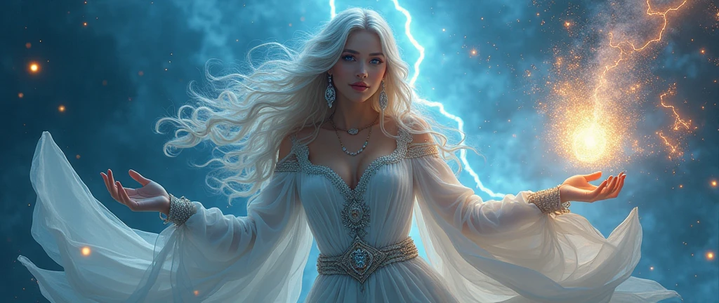 (32K:1.9, Highest quality, masterpiece, Ultra-high resolution), Magical World, Perfect dynamic composition, mysterious:1.3, Highly detailed skin and facial textures:1.3, Cute and sexy slim female mage, beautifully、aesthetic, Cute and sexy beauty, Perfect Style, Wear an exquisite ring, Striking a spell-casting pose:1.3, Wind, thunder, ice, haze, fire, water, Medlore, Fair skin, Very beautiful face, (Mid-chest, Chest gap), (Embarrassed smile, Her facial expression when she felt intense caressing, Facial expressions when feeling happy), (How to correctly put on a sexy mage costume over the shoulders), (Beautiful Blue Eyes, Beautiful erotic eyes:0.8), (Too erotic:0.9, Fascinating:0.9), Full Body Shot, Earrings, necklace, bracelet, Sensual sitting position, (romantic, dramatic, mysterious), Object of admiration, format, artistic, Innovative, attractive, Stimulate the, Extreme, Tilt, ((Adult charm, Feminine charm, Windになびく髪))