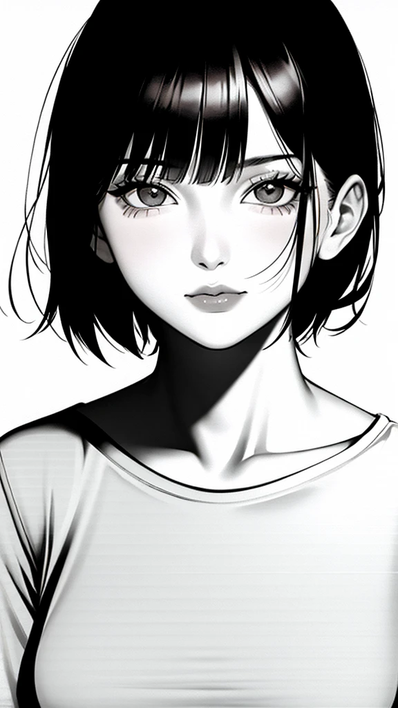 1girl, solo, monochrome, greyscale, short black hair, portrait, shirt, closed mouth, looking at viewer, sketch, graphite \(medium\), small lips, hatching \(texture\), without makeup, bangs, upper body, sharp eyes,