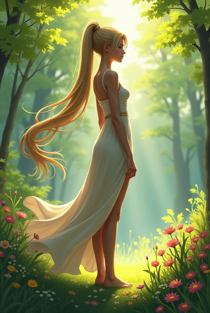 With long hair in a ponytail