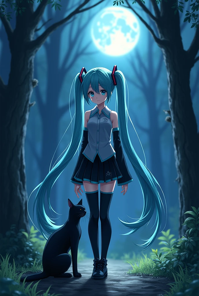 Anime art, anime style, detailed drawing, forest background, high definition, high quality, one girl, solo, Hatsune Miku, aqua hair, twin tails, headphones, number tattoo "01" (red colored number tattoo, located on her right hand), grey sleeveless collared shirt, black detached sleeves with aqua line, five fingers with aqua nails, aqua necktie, black pleated mini skirt with aqua line, zettai ryouiki, thigh-high black boots with aqua lines, thigh-high black boots with aqua line.
In the night, Miku Hatsune gently strokes the head of a black cat, there's a witch following her behind.