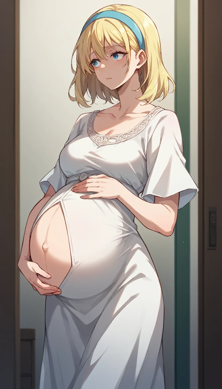 1girl, 独奏, hair band, hair blonde, bangss, medium hair, shadowed face, white gown, shortsleeves, Room, ,, blue colored eyes, looking to the down, hand on own pregnant belly