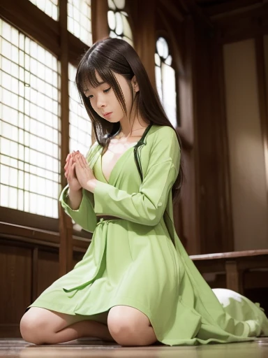 Japanese female, (underweight), (flat chest best quality:1.5), 30 years old,
cathedral, desperate, (serious expression), (kneeling), long hair, (lime green dress), (praying with hands together:1.4), Eeuropean, ((calm atmosphere)), cowboy shot, (from below:1.2)