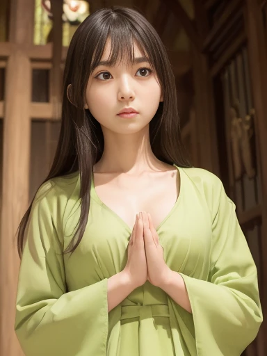 Japanese female, (underweight), (flat chest best quality:1.5), 30 years old,
cathedral, desperate, (serious expression), (kneeling), long hair, (lime green dress), (praying with hands together:1.4), Eeuropean, ((calm atmosphere)), cowboy shot, (from below:1.2)