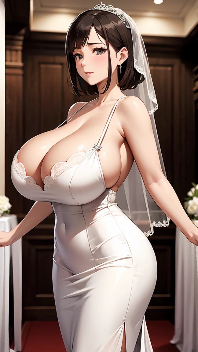 A 40-year-old mature woman with  is standing in a wedding hall wearing a wedding dress。This is a high resolution image.。