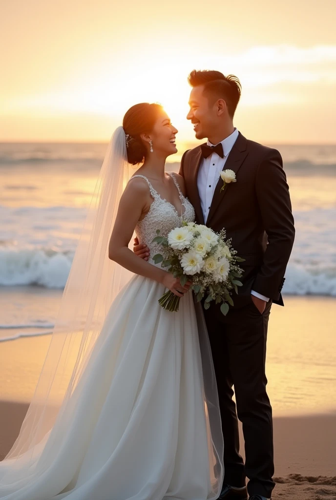A newlywed couple held their wedding ceremony by the sea.。Asian Face,The man is wearing a black tuxedo.,Tie a bow tie,shirt with French cuffs.。Wearing black oxford shoes。
The lady wore a long-tailed wedding dress,Wear a veil。Holding a white bouquet。The two laughed happily。