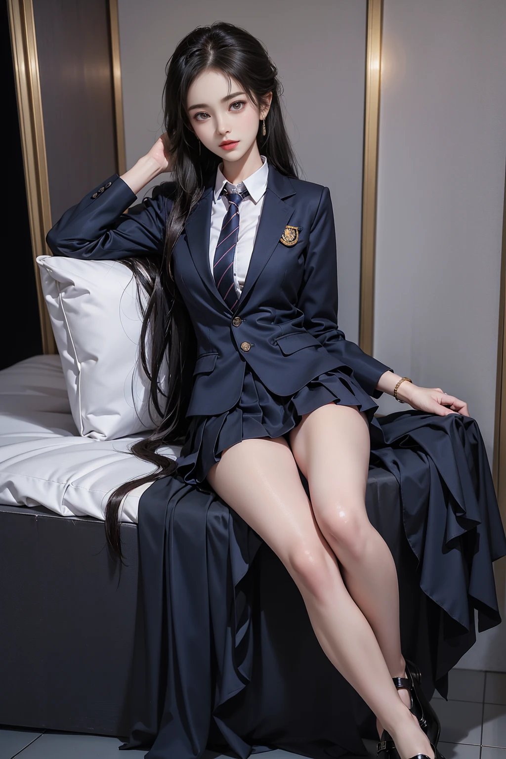 school uniform,
collared shirt,striped necktie, Vest, long sleeves, pants,buttons,badge, shoes,watch,
collared shirt,striped bowtie, blazer, jacket, long sleeves, pleated skirt,buttons,badge, thighhighs, high heels,（(Girl lying in bed))、A beautiful and moving woman, in an elegant pose, her full breasts on display.，Visible cleavage，Sexy long legs，Variety of slim and cute beauties, Her long hair cascades down her shoulders like a waterfall。She smiles radiantly，Eyes sparkle，Her skin is flawless。Her curves are highlighted。Sparkle in the light，The colors are soft，Perhaps in shades of light pink or lavender。She lay confidently，One hand on hip，Her posture is both graceful and strong。She wears elegant high heels，Goes well with her outfit。In the warm golden sun。The overall atmosphere of the image is tranquil and uplifting，Emphasizing natural beauty and elegance, Studio Lighting,Bright colors, Sweet maiden, sweet smile, make up，shy，Blush，Parted lips，Heavy breathing，moan，Surrealism，Realism，Movie Lighting，Relief，Sony FE GM，Retina，masterpiece，precise，Anatomically correct，Textured Skin，Super Detail，High Detail，best quality，rich and colorful