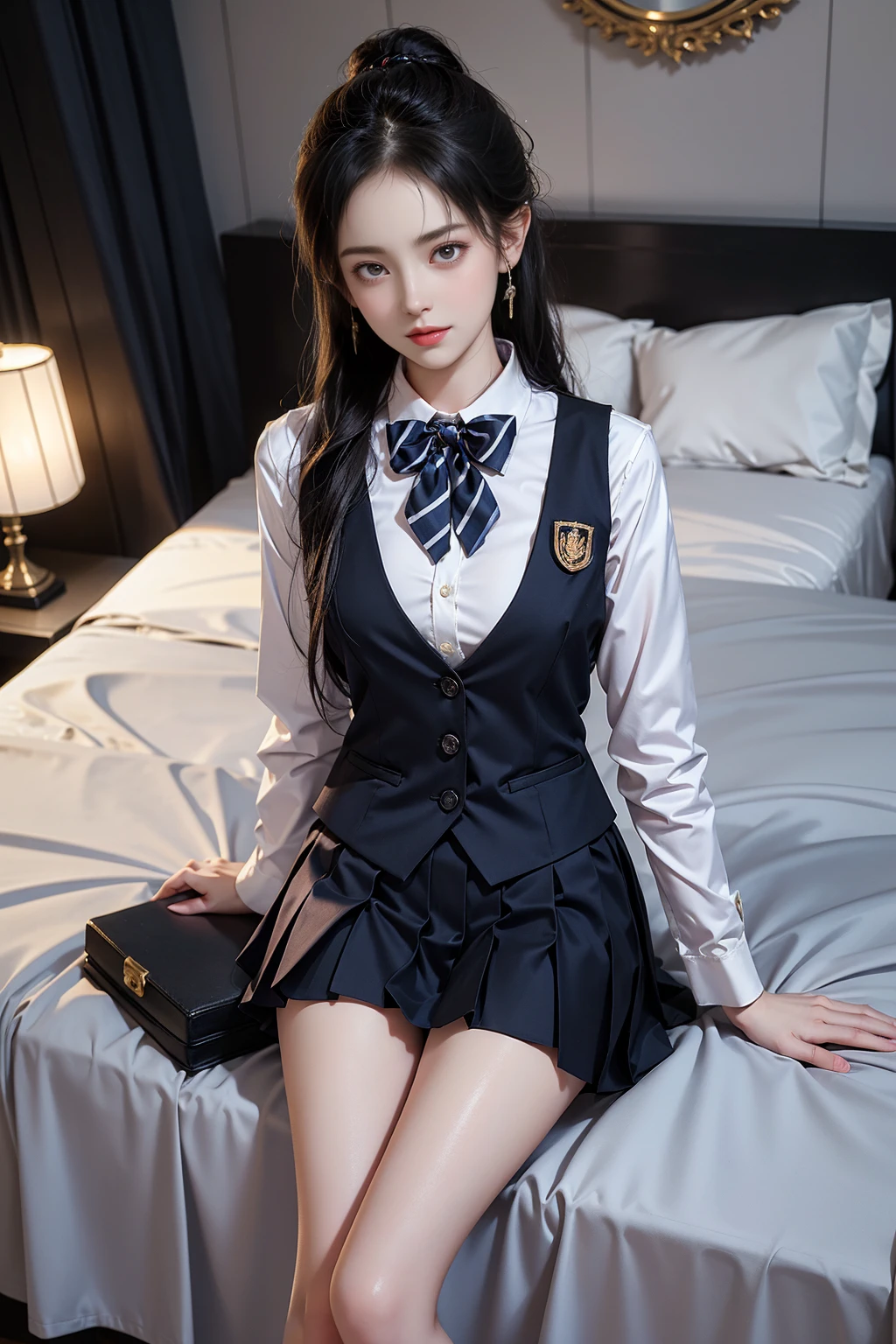 school uniform,
collared shirt,striped necktie, Vest, long sleeves, pants,buttons,badge, shoes,watch,
collared shirt,striped bowtie, blazer, jacket, long sleeves, pleated skirt,buttons,badge, thighhighs, high heels,（(Girl lying in bed))、A beautiful and moving woman, in an elegant pose, her full breasts on display.，Visible cleavage，Sexy long legs，Variety of slim and cute beauties, Her long hair cascades down her shoulders like a waterfall。She smiles radiantly，Eyes sparkle，Her skin is flawless。Her curves are highlighted。Sparkle in the light，The colors are soft，Perhaps in shades of light pink or lavender。She lay confidently，One hand on hip，Her posture is both graceful and strong。She wears elegant high heels，Goes well with her outfit。In the warm golden sun。The overall atmosphere of the image is tranquil and uplifting，Emphasizing natural beauty and elegance, Studio Lighting,Bright colors, Sweet maiden, sweet smile, make up，shy，Blush，Parted lips，Heavy breathing，moan，Surrealism，Realism，Movie Lighting，Relief，Sony FE GM，Retina，masterpiece，precise，Anatomically correct，Textured Skin，Super Detail，High Detail，best quality，rich and colorful