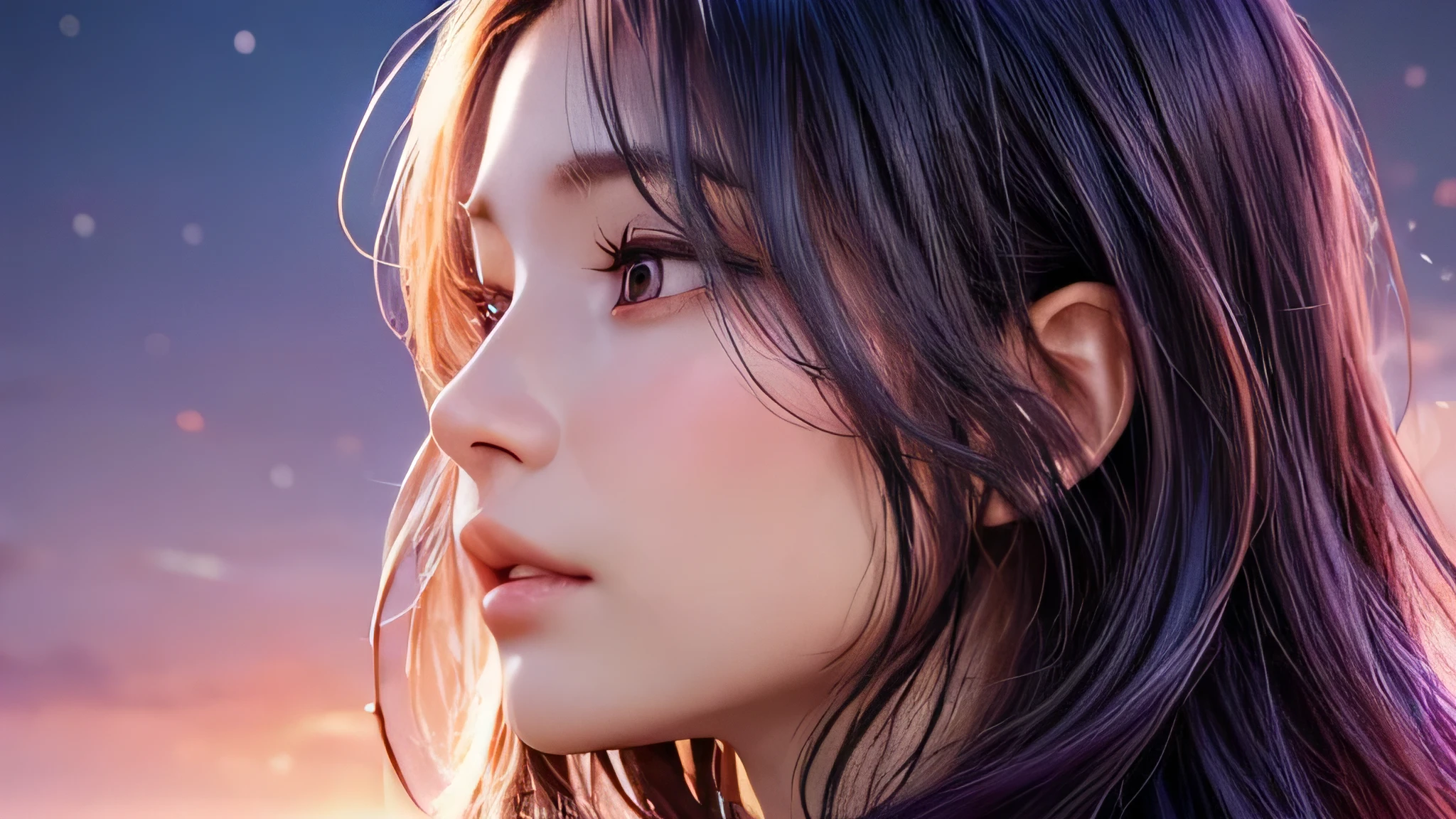 high quality,1 girl，long hair, Super detailed CG illustration of a young woman with a calm expression, Stare into the distance，His striking dark purple hair blew gently in the desert breeze. The landscape behind him is vast and stunning, Taking viewers into a world of wonder and discovery.More ideas