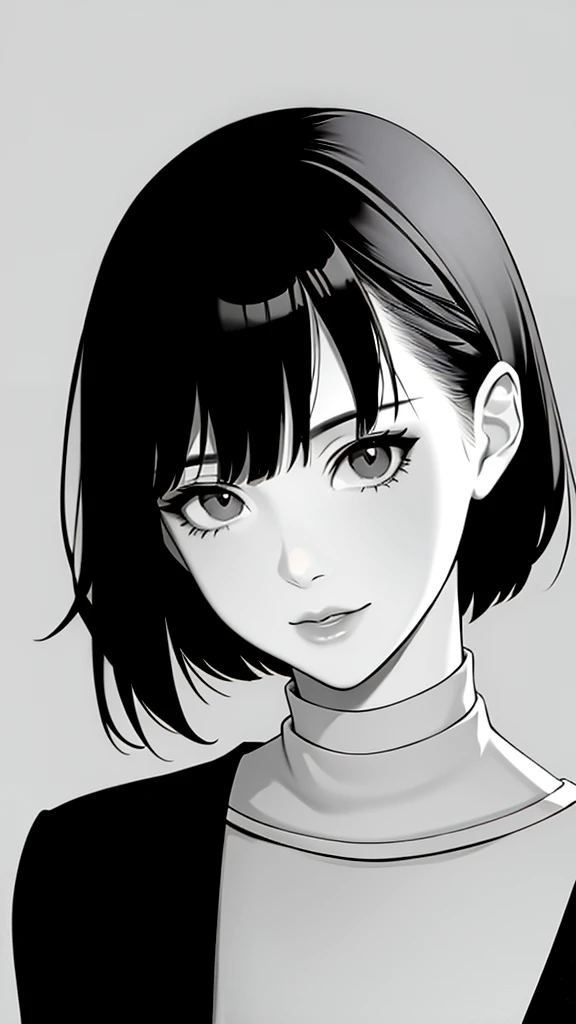 1girl, solo, monochrome, greyscale, short black hair, portrait, shirt, closed mouth, looking at viewer, sketch, graphite \(medium\), small lips, hatching \(texture\), without makeup, bangs, upper body, sharp eyes, 