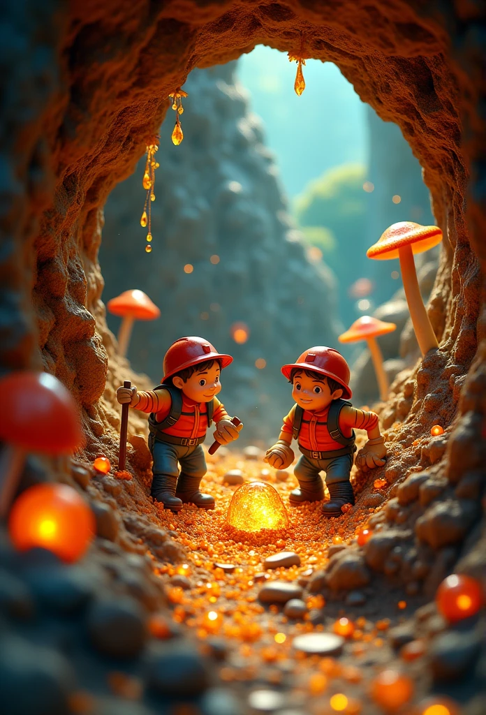 diorama, diagram of miners digging for amber, cartoonish, cinematic lighting, csu, cross-section, from the side, underground, burrow, fantasy landscape, national geographic, best quality, masterpiece, award winning photo,