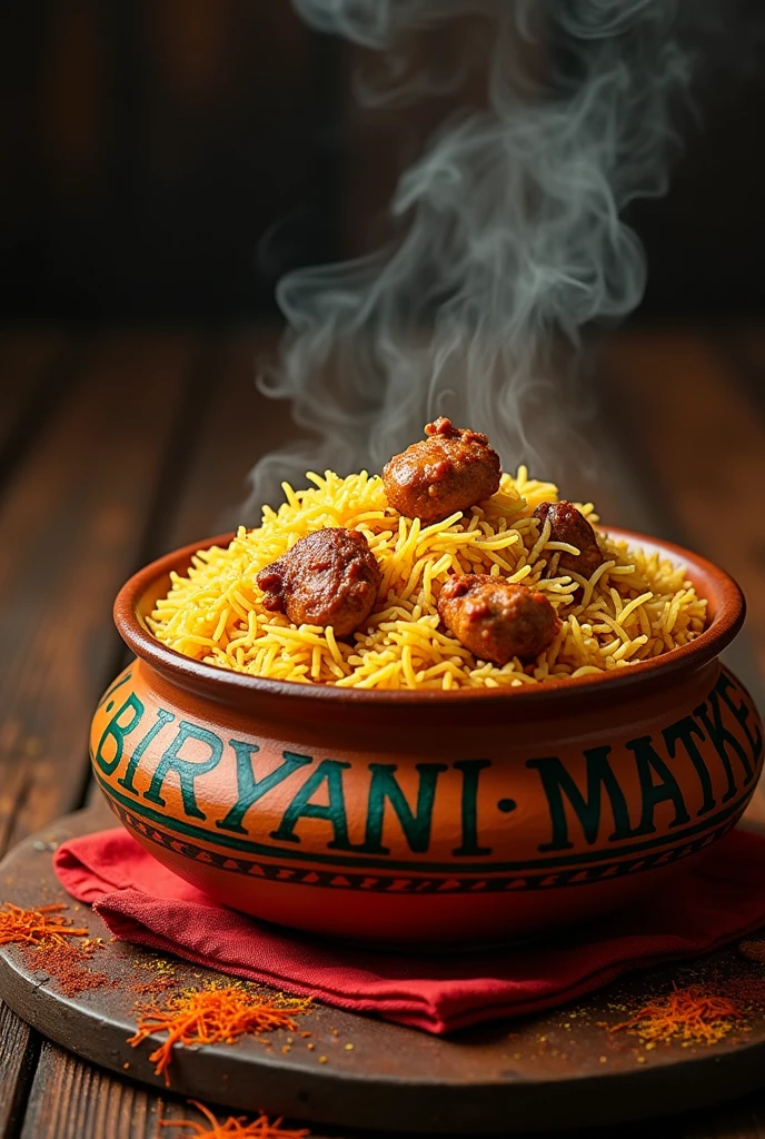 Generate a realistic image Chicken Biryani long rice with leg piece served in a earthen pot and Biryani matke wale slogan written on pot