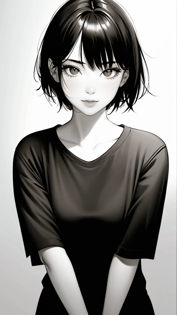 1girl, solo, monochrome, greyscale, short black hair, portrait, shirt, closed mouth, looking at viewer, sketch, graphite \(medium\), small lips, hatching \(texture\), without makeup, bangs, upper body, sharp eyes,