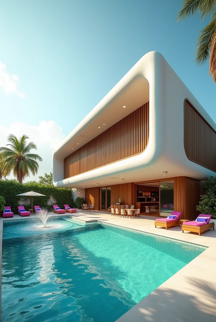 A rectangular club building with dimensions of 40 meters in width, 30 meters in length, and 15 meters in height. Modern style. The exterior of the club has no windows and features smooth curves using vertical louvers. Connected to a pool party area. Realistic and intricate details. Bright and vibrant atmosphere. On the left side, there is an annex building, approximately 6 meters in height, 30 meters in length, and 6 meters in width, connected to the club building.