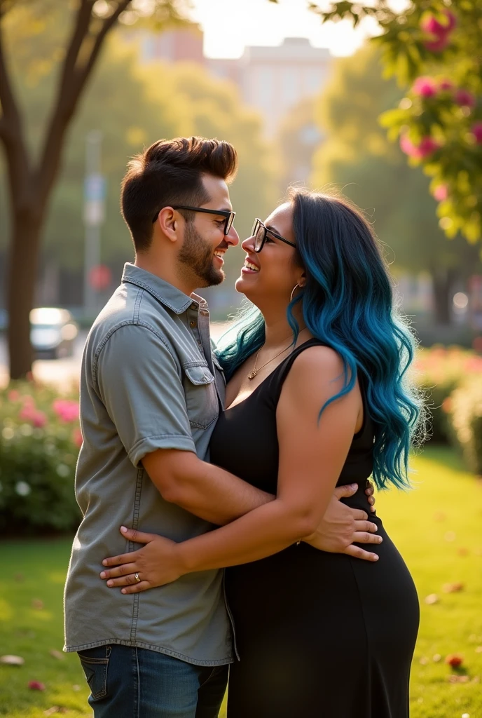 Couple of boyfriends she curvy body big cheeks, big butt, black hair with blue, big brown eyes, light skin with a nose piercing and light skin, he straight hair styled up and small rectangular glasses and wide nose