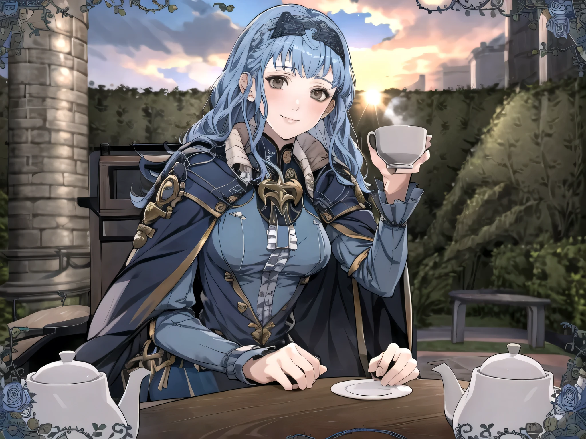 masterpiece, best quality, 1girl, smile, solo, looking at viewer, cup, table, food, teapot, outdoors, sitting, sky, clouds, sunset, BREAK masterpiece, best quality, marianne_hopes, long hair, blue dress, capelet, hairband, upper body, looking at viewer, solo, 1girl