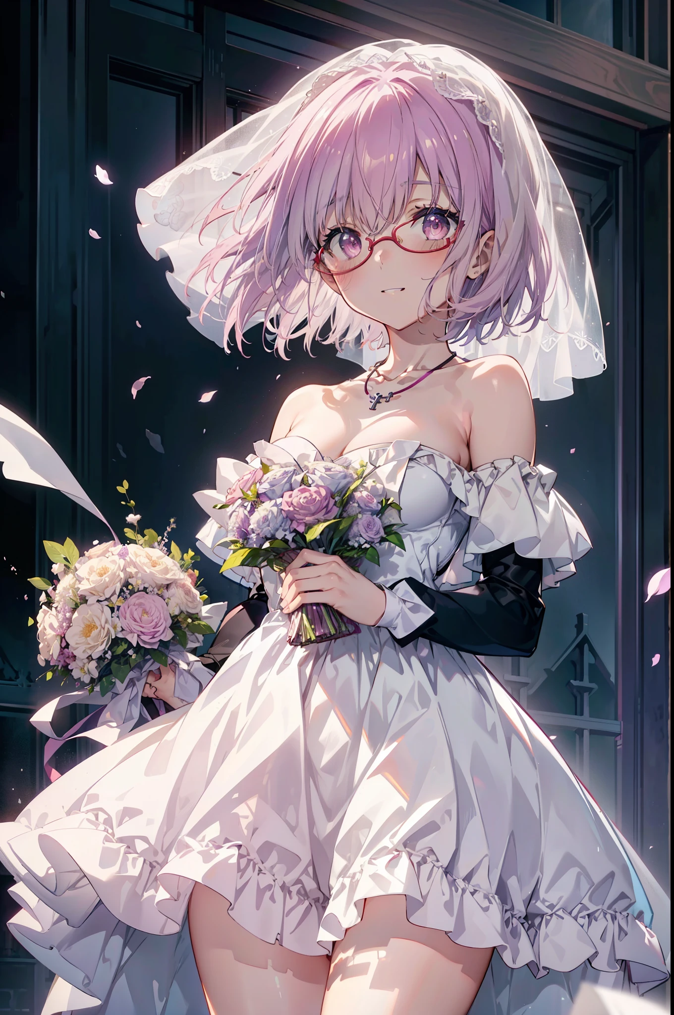 akaneshinjou, shinjou akane, Light purple hair, (Pink Eyes:1.2), short hair,smile,Red-rimmed glasses,blush,Off-the-shoulder white wedding dresses,Wedding white long skirt,necklace,Veil,Holding a bouquet of flowers with both hands,
break looking at viewer, whole body,(Cowboy Shot:1. 5) break indoors, Chapel,church, break (masterpiece:1.2), Highest quality, High resolution, unity 8k wallpaper, (shape:0.8), (Beautiful attention to detail:1.6), Highly detailed face, Perfect lighting, Highly detailed CG, (Perfect hands, Perfect Anatomy),