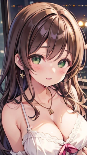 nozomitoujou, Nozomi-san always, Green Eyes, Brown Hair, Curly Hair, Large Breasts, masterpiece, Highest quality, High resolution, Beautiful attention to detail, Highly detailed face, Good lighting, Detailed CG, Messy Hair, Glossy Lips, A light smile, Night dress, Ballroom, Cleavage, necklace, meanwhile, Earrings, jewelry