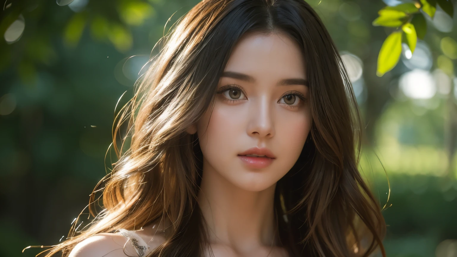 a beautiful young woman with hippie-style hair and dress, detailed eyes and lips, cinematic 8K resolution, photorealistic, shine body,