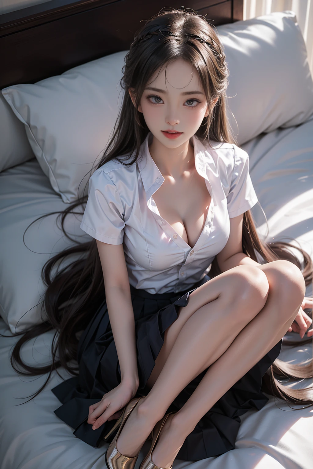 xiaofu, school uniform,collared shirt, pleated skirt,（(Girl lying in bed))、A beautiful and moving woman, in an elegant pose, her full breasts on display.，Visible cleavage，Sexy long legs，Variety of slim and cute beauties, Her long hair cascades down her shoulders like a waterfall。She smiles radiantly，Eyes sparkle，Her skin is flawless。Her curves are highlighted。Sparkle in the light，The colors are soft，Perhaps in shades of light pink or lavender。She lay confidently，One hand on hip，Her posture is both graceful and strong。She wears elegant high heels，Goes well with her outfit。In the warm golden sun。The overall atmosphere of the image is tranquil and uplifting，Emphasizing natural beauty and elegance, Studio Lighting,Bright colors, Sweet maiden, sweet smile, make up，shy，Blush，Parted lips，Heavy breathing，moan，Surrealism，Realism，Movie Lighting，Relief，Sony FE GM，Retina，masterpiece，precise，Anatomically correct，Textured Skin，Super Detail，High Detail，best quality，rich and colorful