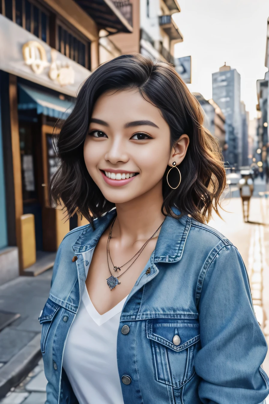 Super Resolution、beautiful Brazilian woman、、short hair、、Wavy Hair、、ear piercing、necklace、Denim jacket、shirt、smile、Beautiful teeth alignment、The background is a city street.
70% complete%%