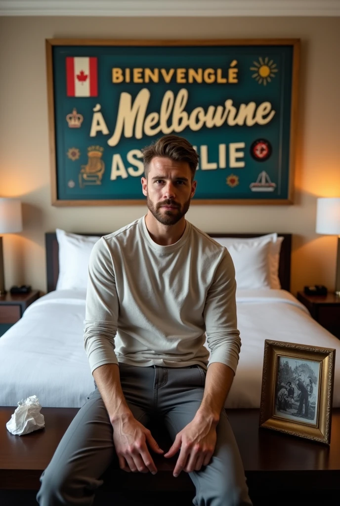 Homme caucasien grand de taille, charmant, un peu costaud, habillé en pantalon et tee-shirt manche longue, assis ou adossé sur une table dans une grande chambre d'hôtel, sur la table qu'il y ait également un papier mouchoir déjà utilisé sur la table et sur le lit de l'hôtel qu'il soit déposer un cadre photo grand ou moyen qu'il est possible de faire arrêter sur le lit et faire face à la caméra et sur le mur du chevet du lit un tableau sur lequel il est écrit en français : Bienvenue à Melbourne AUSTRALIE et autour de la phrase qu'il y ait les emblèmes du CANADA QUÉBEC ou le drapeau du CANADA QUÉBEC