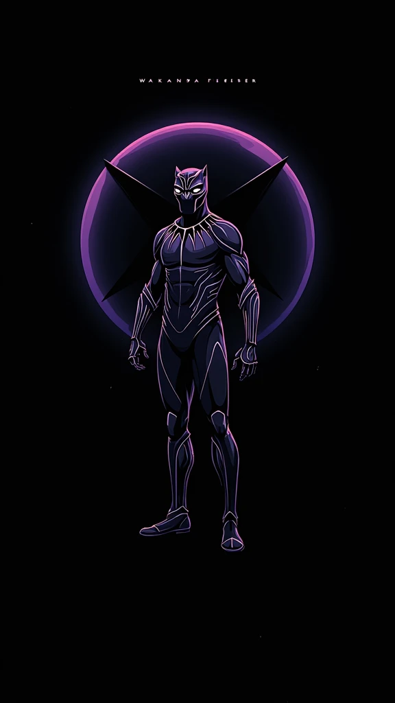 a highly detailed vector illustration of the Black Panther, geometric shapes, fine intricate strokes, slogan "Wakanda forever", purple-black color scheme, ultra-high definition, masterpiece, photorealistic