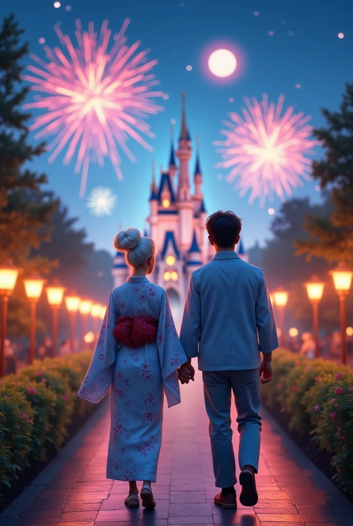 Write about a couple who came to Disney. The Japanese one has white hair and a ponytail.