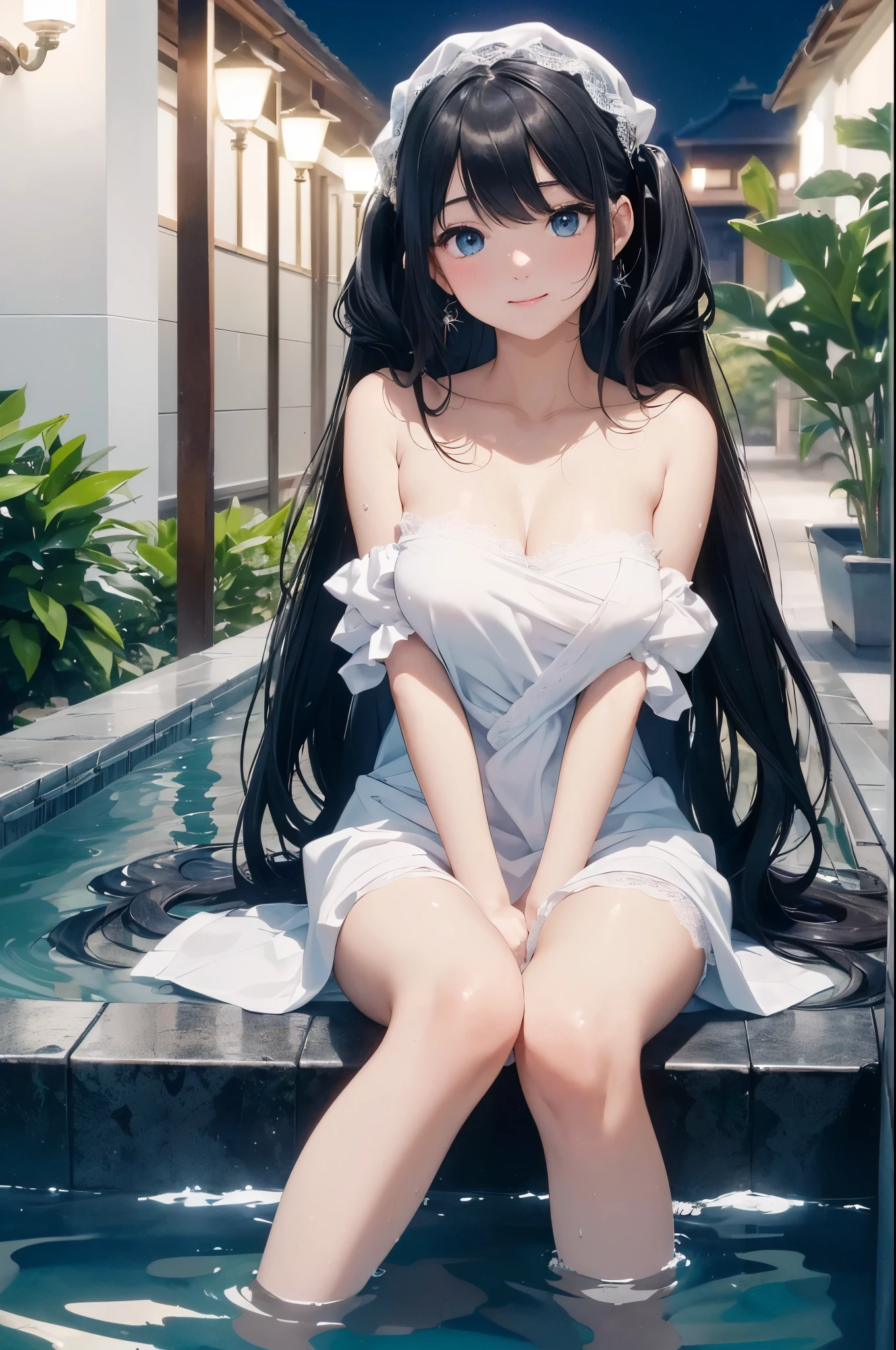 ((masterpiece)), ((highest quality、Ultra high definition)), (Very detailed),((8k、Photo quality))、((Amazingly cute girl))、(-yeld gi)、Two people, , (Beautiful emerald blue eyes), ((smile)),((A luxurious Japanese-style open-air bath at a high-class hotel)), Beautifully arranged black hair in twin tails、Slim Body、(Cute little breasts)、((They are wearing a white bath towel wrapped around their body.))、Professional Lighting、(White lace knee-highore detailed and beautiful)、(More details and cutenesore realistic)、((Just wear light clothing))、Frolic in the pool、(Too cute)、(The embodiment of cuteness)、(Godly cuteness)、((Night view))、((It seems visible but it&#39;s not))、