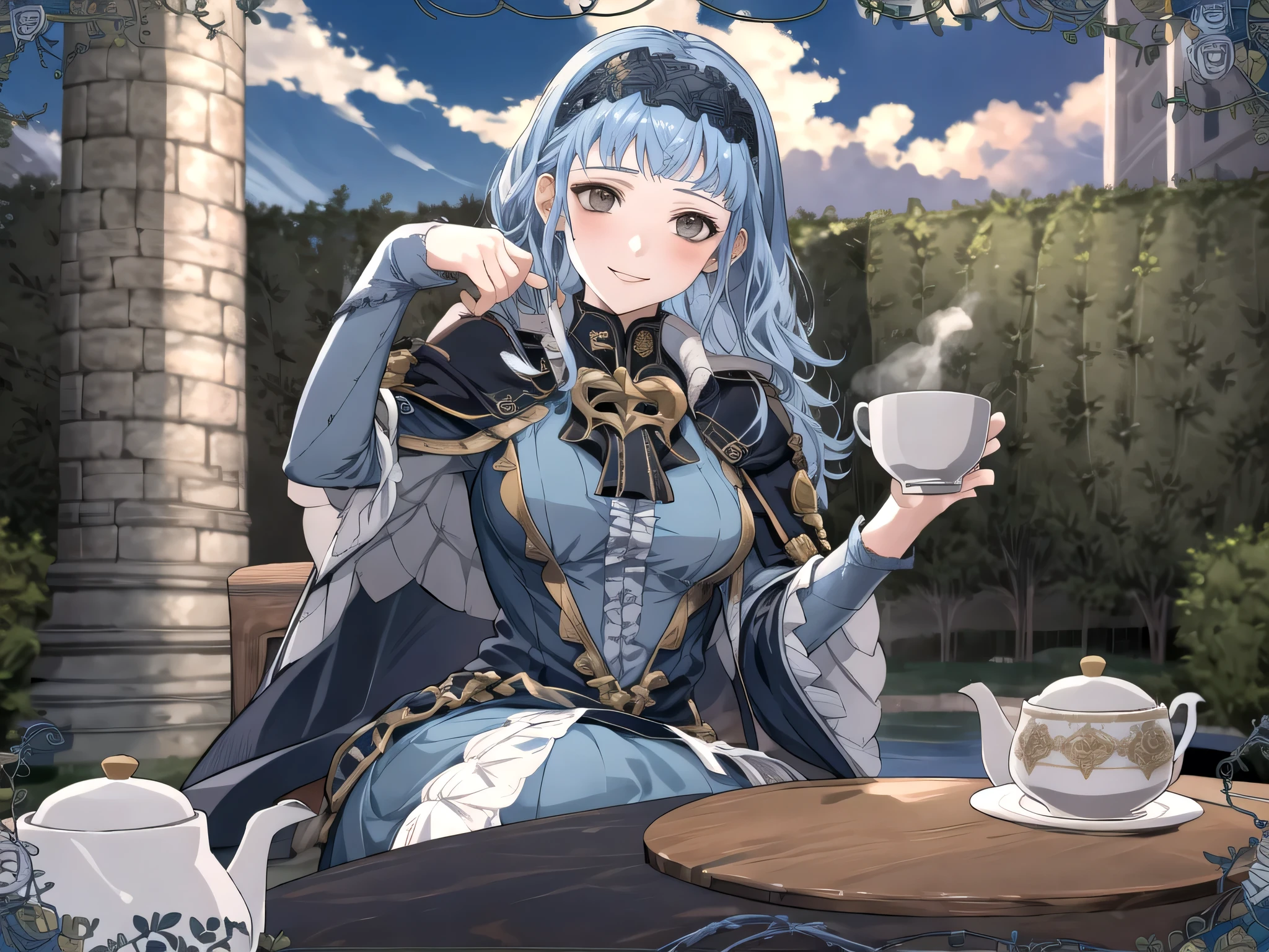 masterpiece, best quality, 1girl, smile, solo, looking at viewer, cup, table, food, teapot, outdoors, sitting, sky, clouds, sunset, BREAK masterpiece, best quality, marianne_hopes, long hair, blue dress, capelet, hairband, upper body, looking at viewer, solo, 1girl