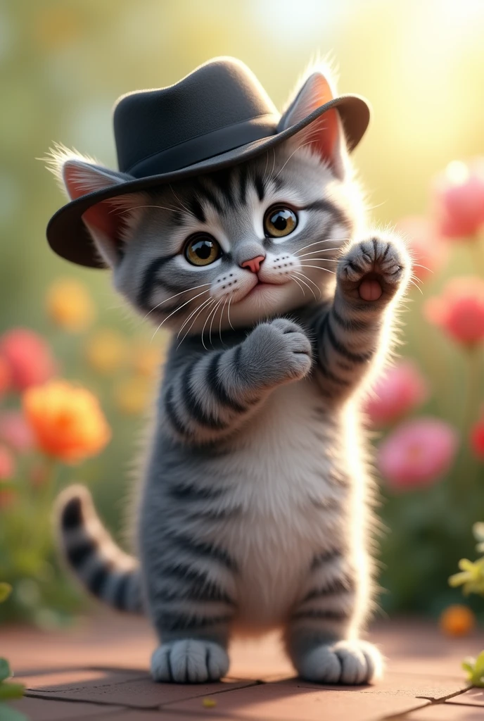 3D image of a kitten standing, gray, black striped, cute, adorable, wearing a black hat