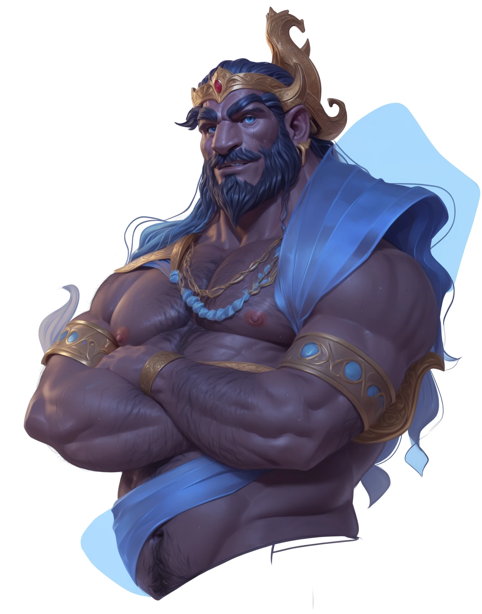 a drawing of a man with a beard and a crown on his head, as an atlantean, portrait of rugged zeus, portrait zeus, commission for high res, the god poseidon, painted portrait of rugged zeus, poseidon, portrait of demigod hercules, atlantean warrior, portrait of hades, d&d character commission,hairy,belly hair,pubes,nude,nipples,sweating,glistening body