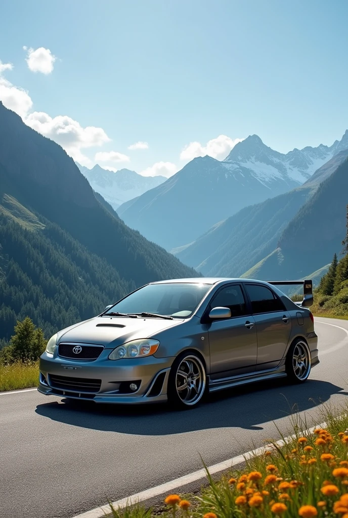 Image of a modified 2006 gray Toyota Corolla car in a landscape