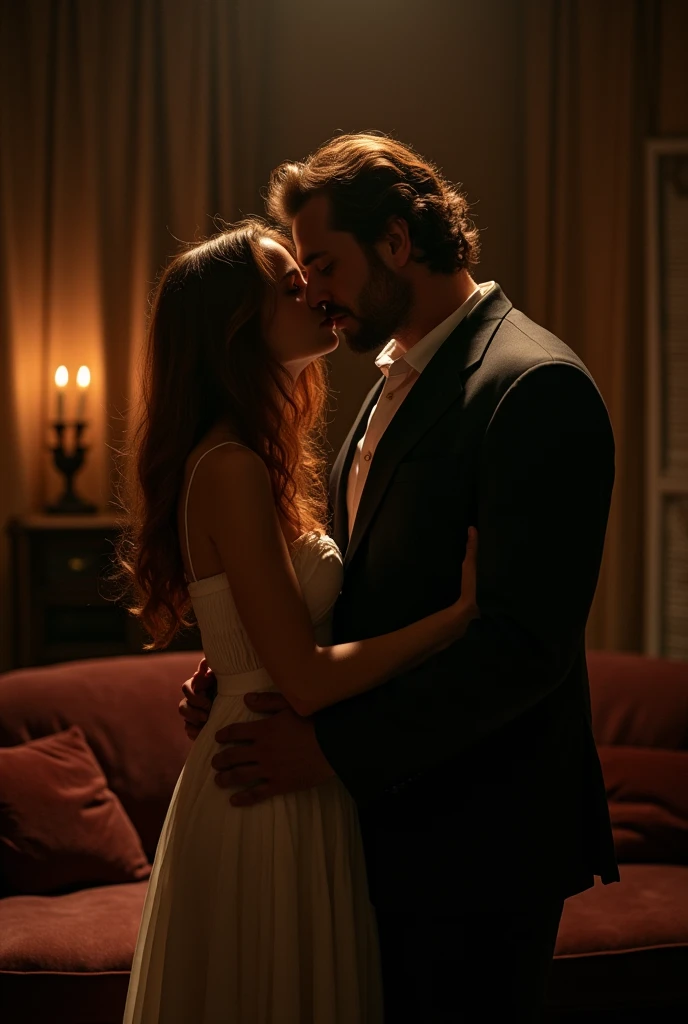 A couple having ???. Beautiful red-haired woman in white lingerie and wedding veil. Tall, handsome muscular man, brunette hair wearing a black suit. ((The man grabs the woman from behind)) realistic image, high quality