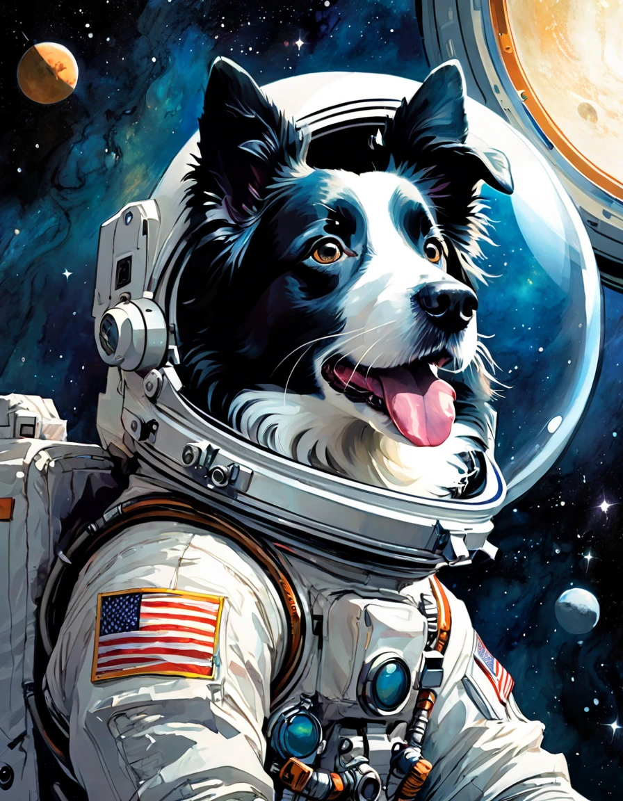 border collie dog, astronaut, in space, spaceship, art inspired by Bill Sienkiewicz and Dave McKean

