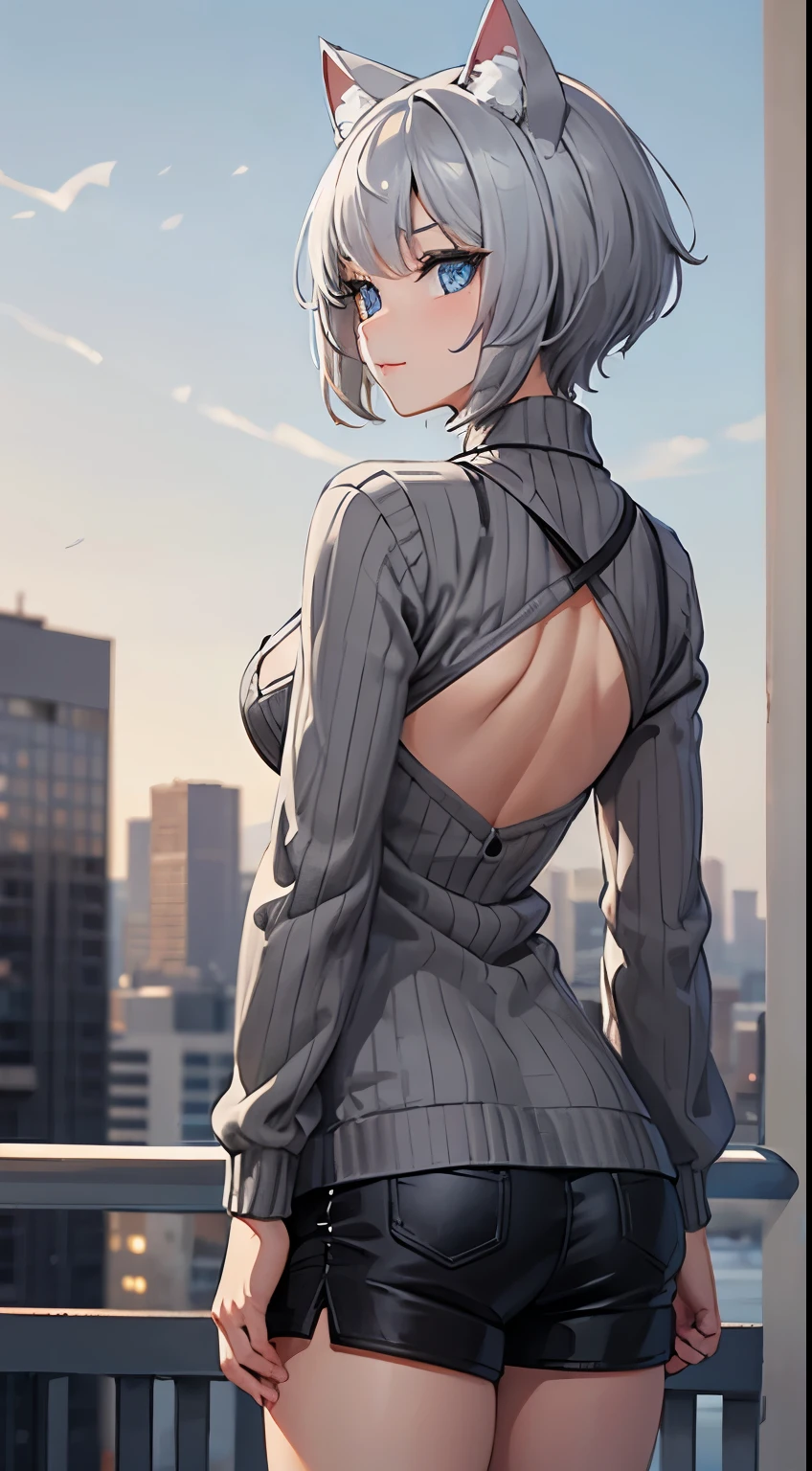 (masterpiece), (best quality), (High quality), BREAK, expressive eyes, perfect face, 1girl, (grey cat ears: 1.5), BREAK, (medium hair, grey hair, pixie cut), BREAK, (big eyes, perfect eyes, blue eyes, thick eyelashes), BREAK, (thin eyebrow), BREAK, (short height), slim bulid, BREAK, shy smile, BREAK, (medium breasts), BREAK, (long grey sweater: 1.4, revealing the back: 1.4), (black shorts: 1.4), BREAK, (standing), cowboy shot, view from back, (city background), looking at the viewer