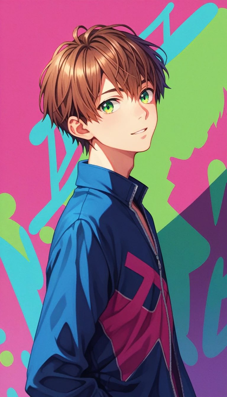 Anime Style, male, Reddish brown hair, Green Eyes, Sharp Eyes, Short Hair, Calm. wise, Neon purple graffiti background, Utopian City, Surrealism, Expressionism, Anime Style, Cast a Shadow, Film Grain, Vignetting, silhouette, 1080P, Anatomically correct