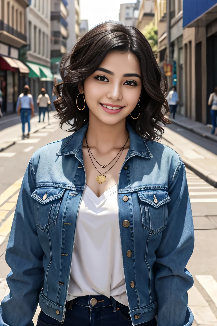 Super Resolution、Beautiful Iranian women、、short hair、、Wavy Hair、、ear piercing、necklace、Denim jacket、shirt、smile、Beautiful teeth alignment、The background is a city street. 70% complete%%